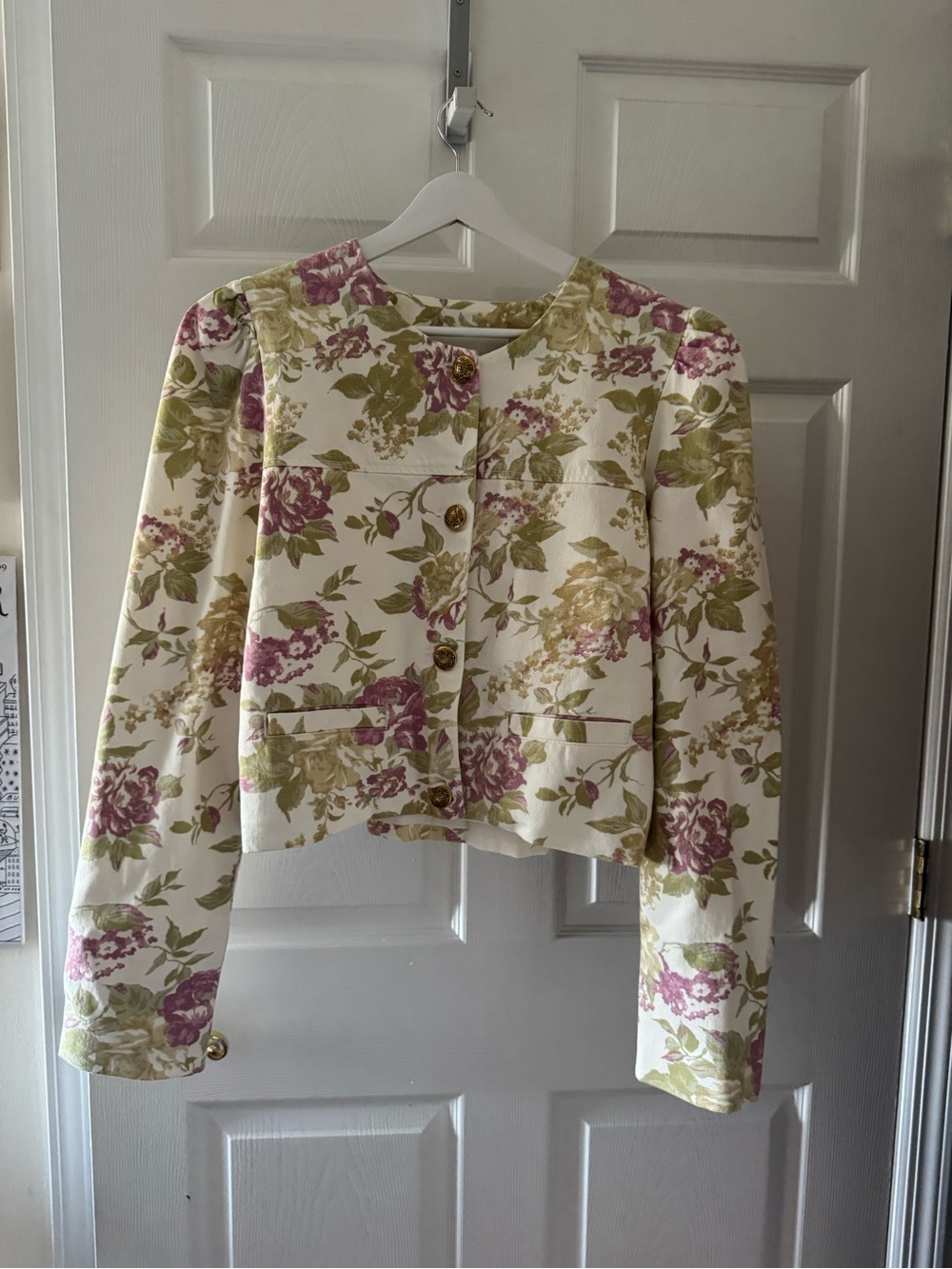 Citizens Of Humanity Cream Floral Cropped Jacket with Pink & Olive Blooms